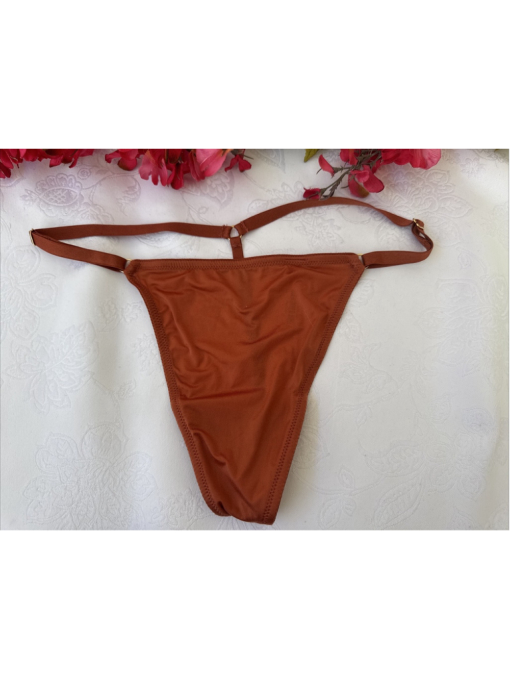 VICTORIA'S SECRET XL SILKY DARK SPICE ORANGE V STRING ADJ SIDE THONG PANTIES NWT
